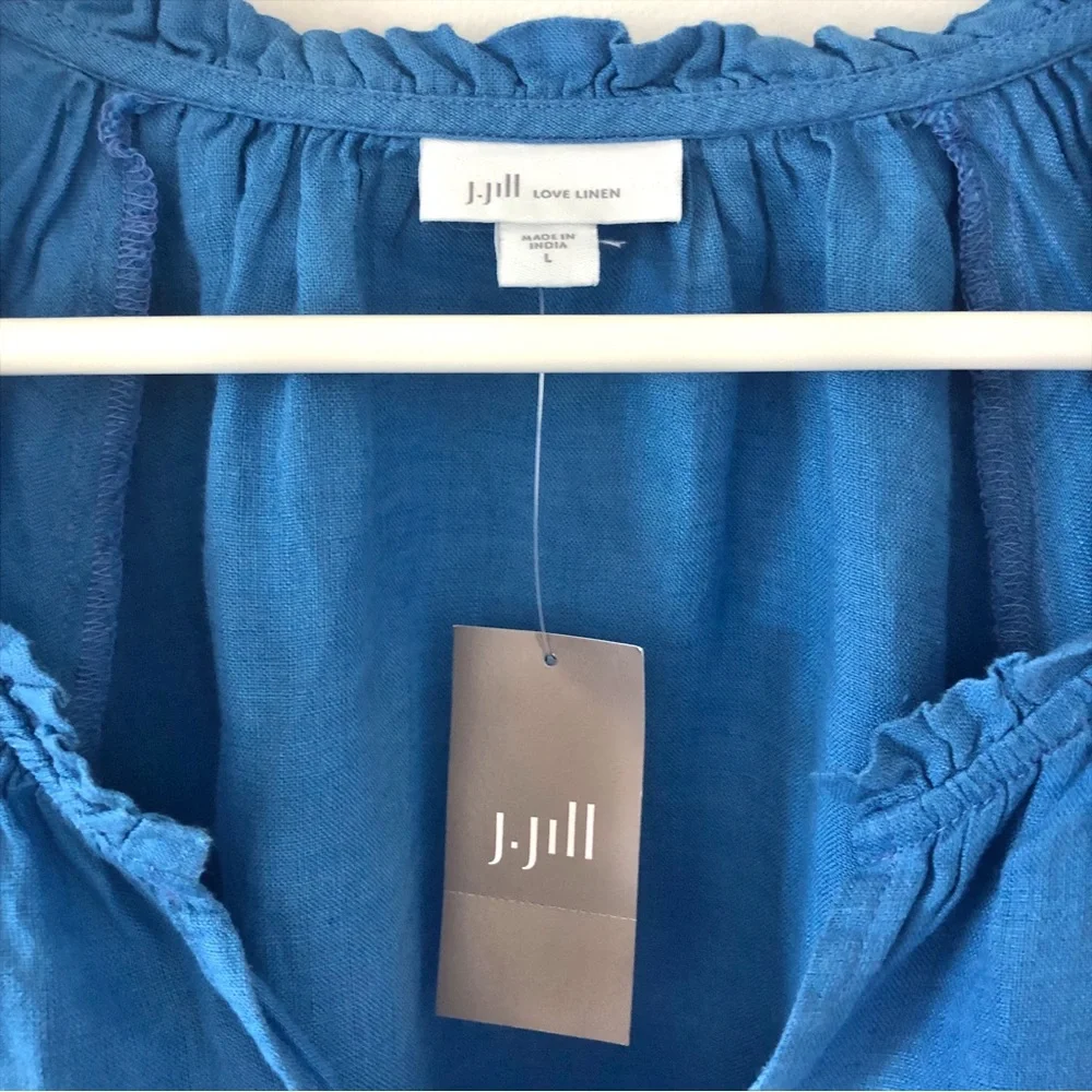 NWT J. Jill Relaxed Linen Peasant Top Cerulean Blue Size L Lagenlook - Picture 3 of 9